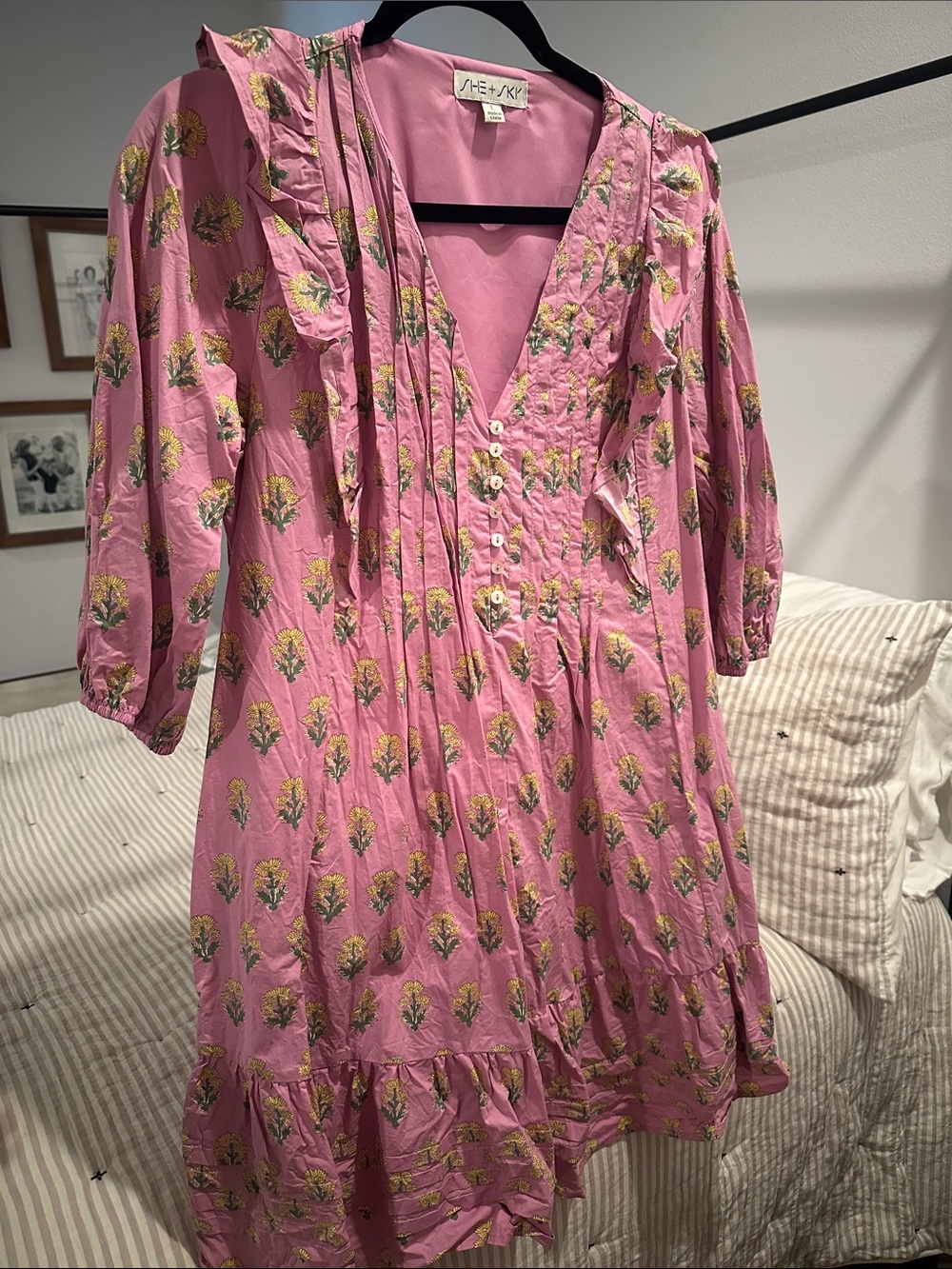 She + Sky Pink Floral Ruffled V-Neck Mini Dress